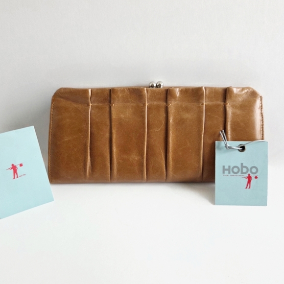 HOBO New Distressed Ruched Leather Tan/Brown Wallet Kisslock Clutch Phone Pocket - Picture 12 of 12